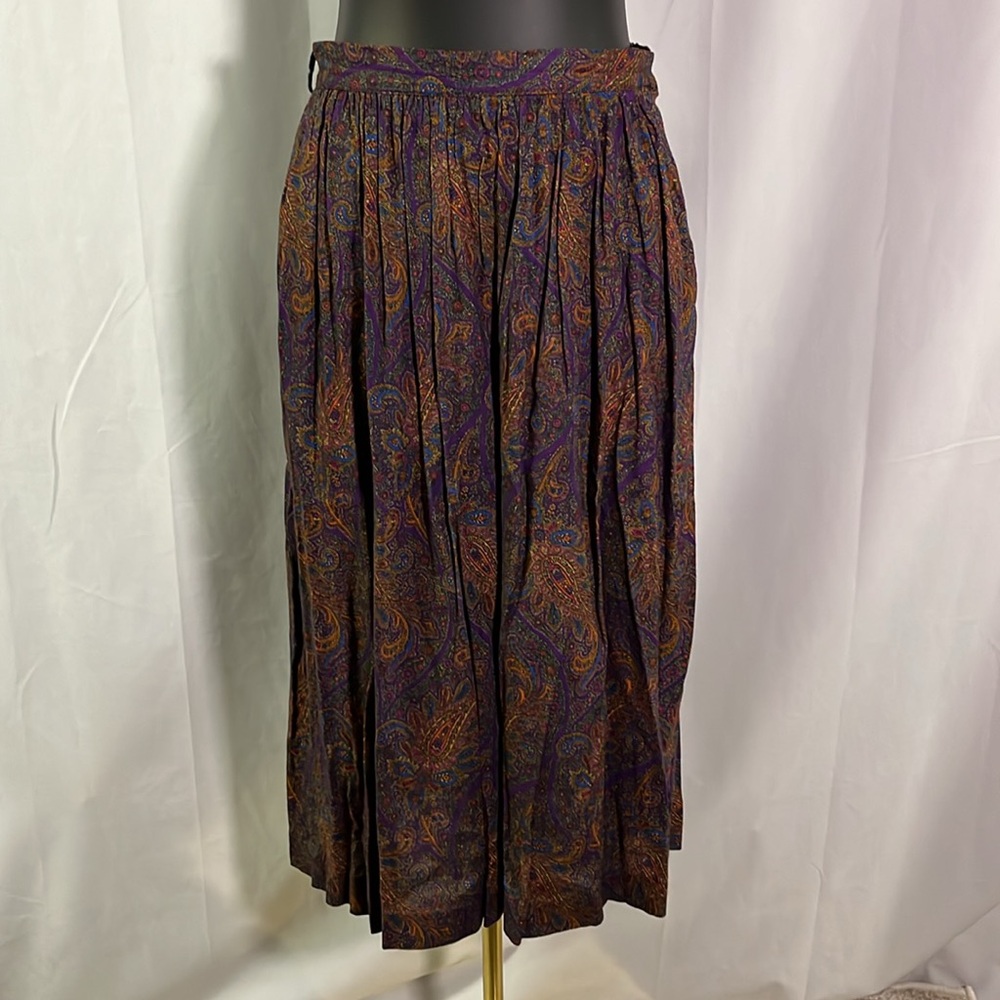 Vintage 90s PLIERS Purple Multicolor Paisley Print Pleated A-Line Midi Skirt